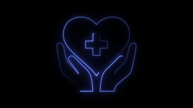 Neon Hands hold a glowing heart symbol with a cross to represent medical.