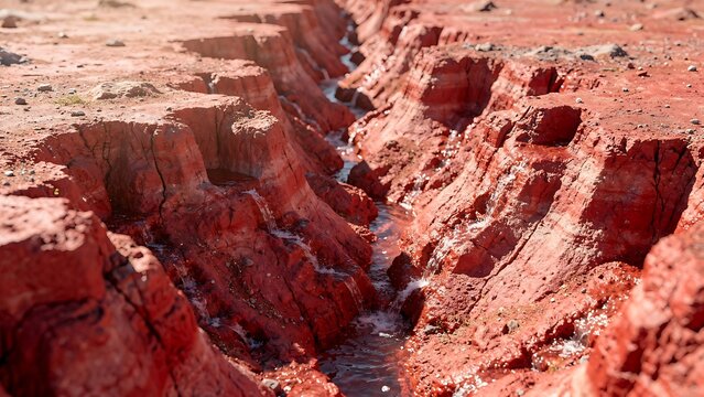 Eroded red canyon landscape with dry riverbed