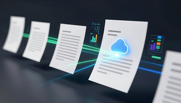 Abstract Machine Learning Concept Showing Digital Data Extraction from Floating Documents with Glowing Binary Code