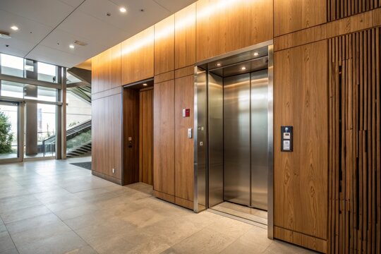 Modern elevator in sleek wooden-paneled hallway
