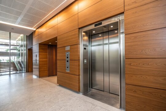 Modern elevator nestled in warm wood-paneled hallway
