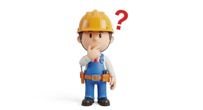 Cute cartoon construction worker with yellow helmet pondering with red question mark on white background