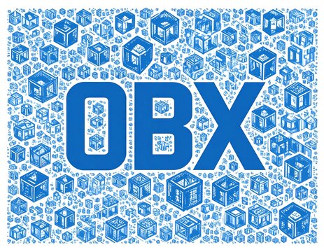 A blue graphic with the letters OBX in large font surrounded by various small cube designs