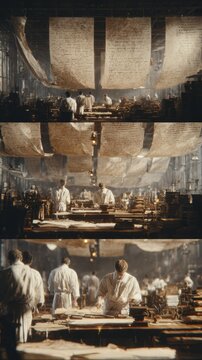 Multiple scribes in a large hall meticulously documenting information on hanging scrolls and tables