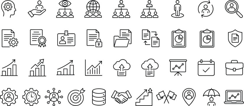 Business Management and Corporate Strategy Line Icons Set Featuring Analytics, Teamwork, Growth, Security and Workflow Concepts