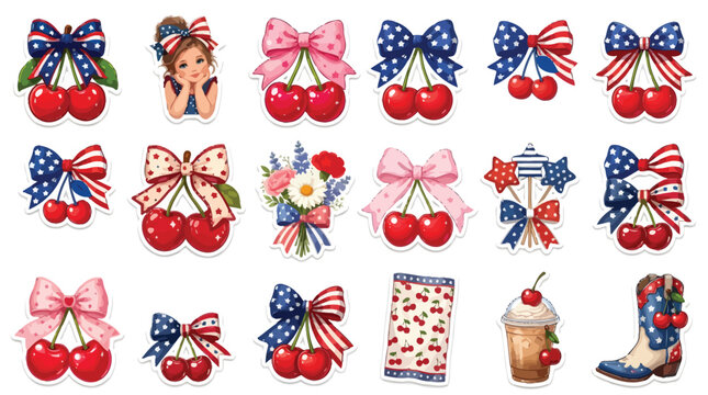 Patriotic Americana cherry sticker set, 17 vintage Fourth of July vector elements, red white and blue cherry fruit icons with stars and stripes bows