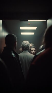 People in a dimly lit elevator, one woman looks back with a concerned expression