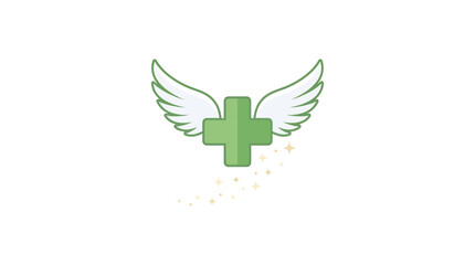Fototapeta premium Green Medical Cross with Angel Wings Flying Upwards