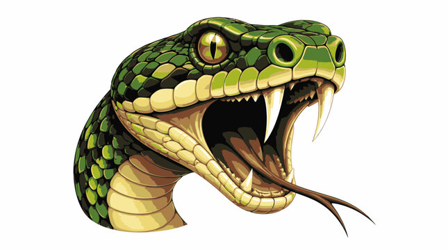 Closeup of a Green Snake Head with Open Mouth and Sharp Teeth.