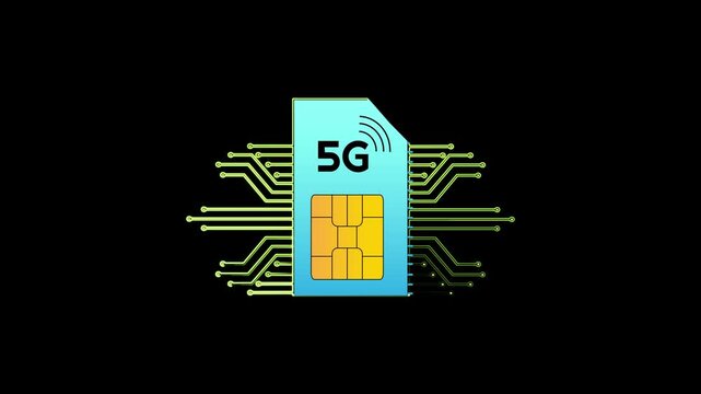 5 g sim card digital technology concept with glowing circuit board animation on black background connectivity