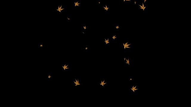 Many leaves are falling to the ground, Autumn maple leaves sway in the wind against a backdrop of falling orange leaves, many falling leaves to the ground and grass and the ground strewn. 4k video