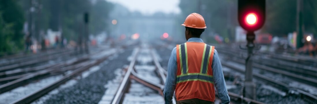 Railroad worker in safety vest and helmet walking by red signal  