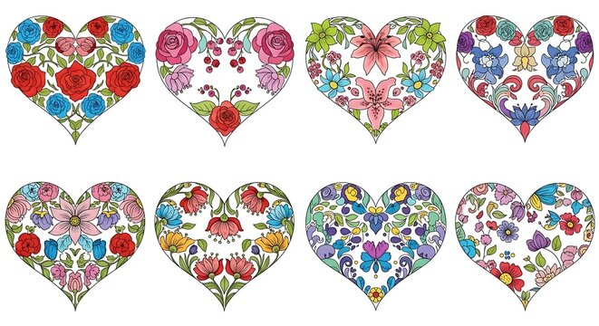 A collection of eight heart-shaped floral designs