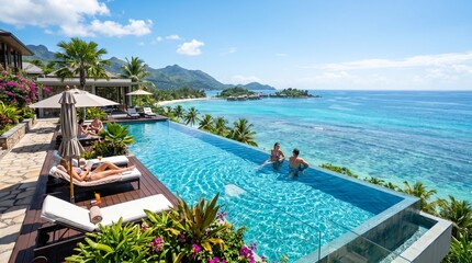 Obraz premium Couple Relaxing in Infinity Pool at Luxury Tropical Oceanfront Resort With Sunbathers and Mountain View