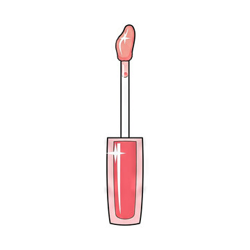 Lip gloss applicator with pink liquid cosmetic product, makeup tool for beauty and fashion, vector illustration of a glossy lip tint wand isolated on white background