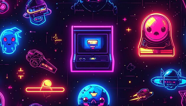 Neon retro arcade and space game elements on dark background