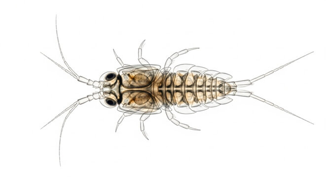 Close up of a detailed gray booklice with segmented body and wings on white background