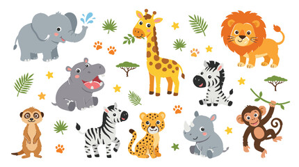 Naklejka premium Cute safari animal collection featuring elephant giraffe lion zebra hippopotamus cheetah rhinoceros monkey and ostrich cartoon characters