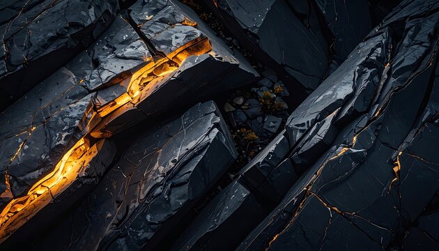 Molten lava on dark rocks landscape.