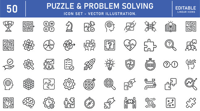 Puzzle And Problem Solving icon set. Critical thinking related line icons: puzzle pieces, solution finding, brainstorming, decision making, strategy planning. Editable stroke. Vector illustration.