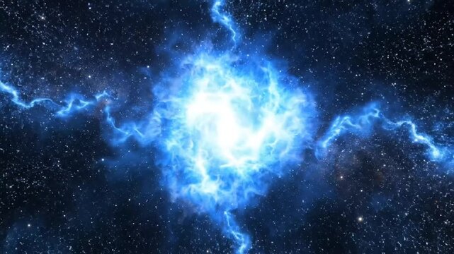 Blue supernova star shining in dark space sky.
