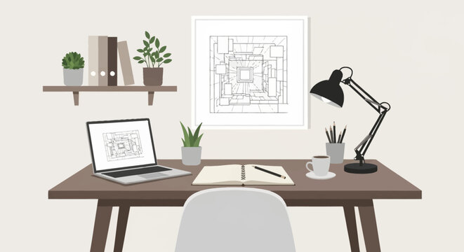 Minimalist vector illustration of a designer workspace featuring a laptop, open spiral notebook, desk lamp, coffee cup, shelf with binders, potted plants, and framed wall art.