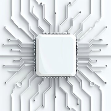 A top down view of a single square microchip processor, with fine circuit lines exploding outwards like geometric star rays, embossed 3D light tracer effect