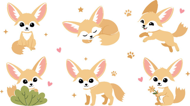 Cute fennec fox collection featuring playful desert foxes sitting sleeping running hiding and holding flowers in cartoon style