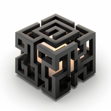 Dramatic chiaroscuro vector illustration of a complex abstract geometric puzzle lock box, sharp diagonal single light source, intricate deep shadows
