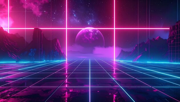 Neon Grid Background with Planet and Lines.