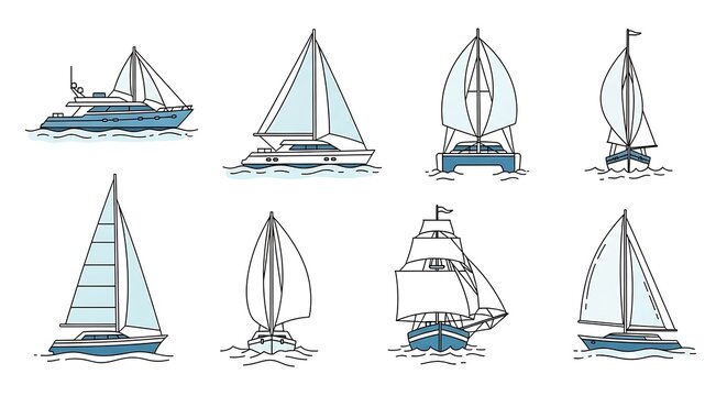 A collection of eight sailboats with varying sail designs