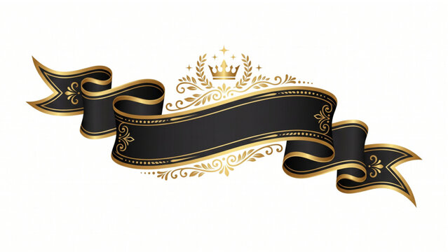 Luxury Elegant Black Ribbon Banner with Gold Crown and Ornate Royal Flourishes for Premium Branding and Certification