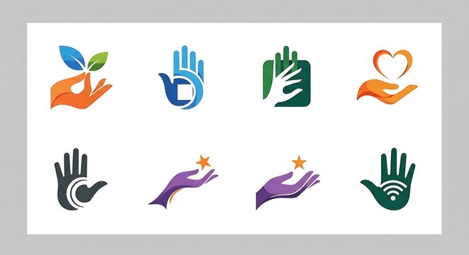 A collection of eight stylized hand icons in various colors