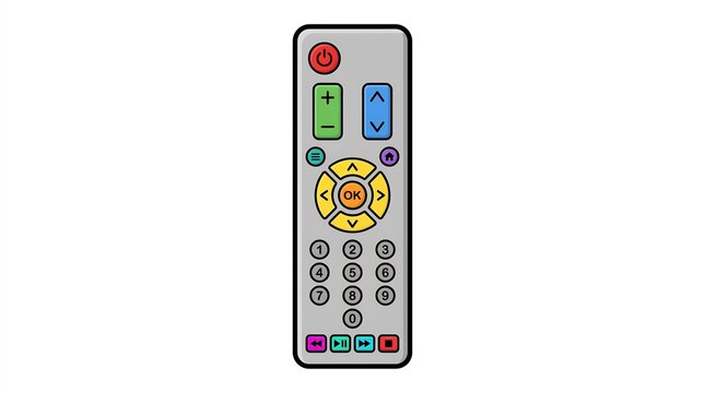 Grey remote control with numeric keypad and colorful buttons