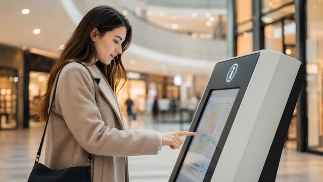 Young Woman Using a Digital Directory in a Modern Shopping Mall