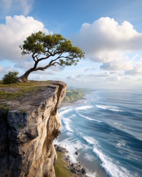 coastal cliff with lone windswept tree, dramatic ocean view, cinematic atmosphere