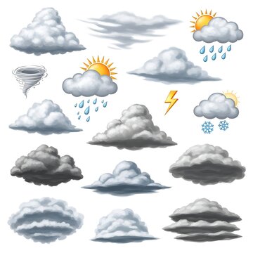 A collection of 15 weather icons featuring various cloud types and conditions