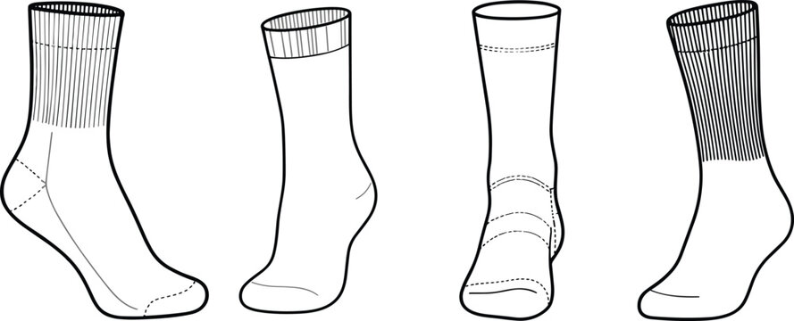 Technical flat sketch of various socks featuring different styles and knit details for footwear design and apparel production