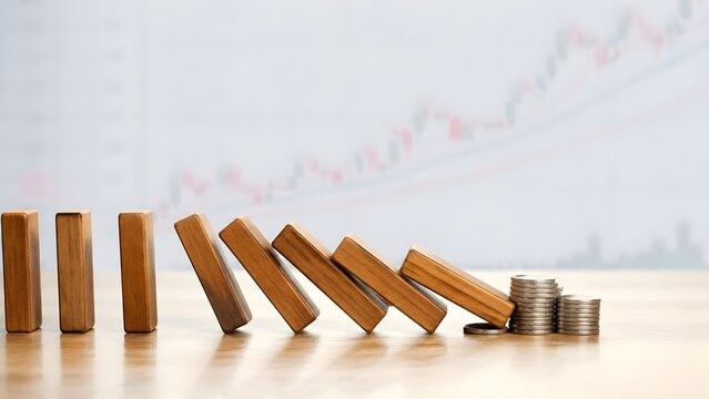 Falling Dominoes Symbolize Financial Crisis, Market Crash, and Economic Downturn