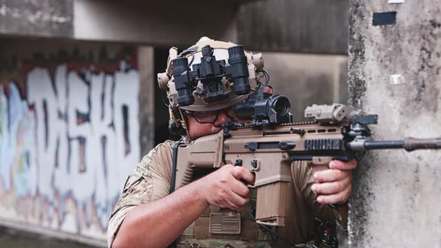 Tactical Operator Standing in Abandoned Building