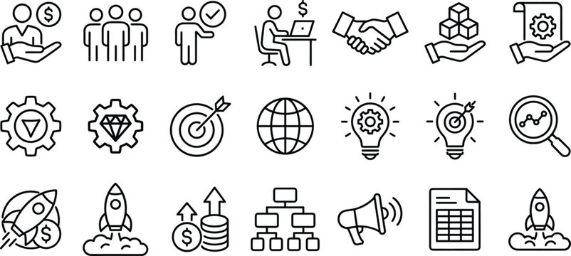 Business Strategy and Startup Growth Line Icons Set Featuring Finance Teamwork Innovation Marketing Analytics and Management