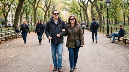 Obraz premium Visually impaired man walking with companion along leafy autumn park pathway outdoors