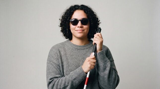 Confident blind woman holding white cane in minimalist neutral indoor studio portrait