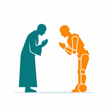 Silhouette of a Buddhist monk and a humanoid robot bowing to each other in respect.