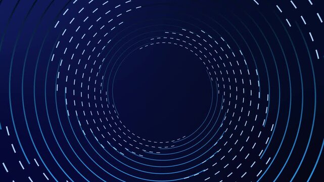 Abstract digital motion background featuring swirling blue lines and white dashed concentric circles moving in dynamic circular pattern for futuristic technology concepts and high tech visuals.