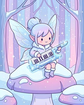 creative music & instruments featuring acoustic and modern instrument arrangements Whimsical Ice Fairy Playing Keytar on Snow-Covered Mushroom in Magical Winter Forest