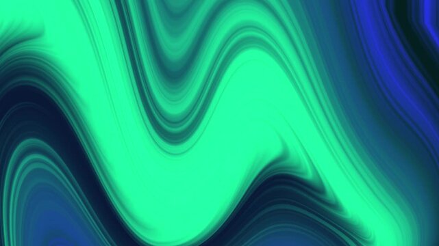 Abstract fluid motion graphics showing wavy neon green and deep blue gradients flowing smoothly across frame creating vibrant liquid texture for digital screen backdrops and artistic visuals.
