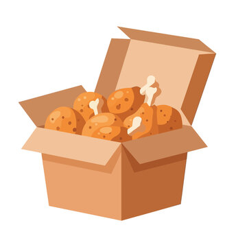 Crispy Fried Chicken Drumsticks in an Open Takeaway Cardboard Box Vector Illustration