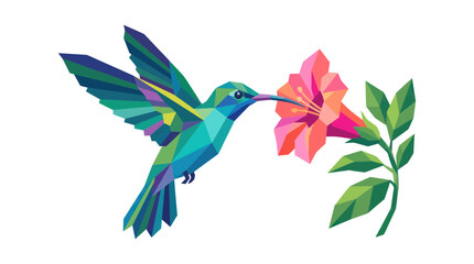 Geometric Hummingbird Feeding on Pink Flower, Polygonal Art © Aziz