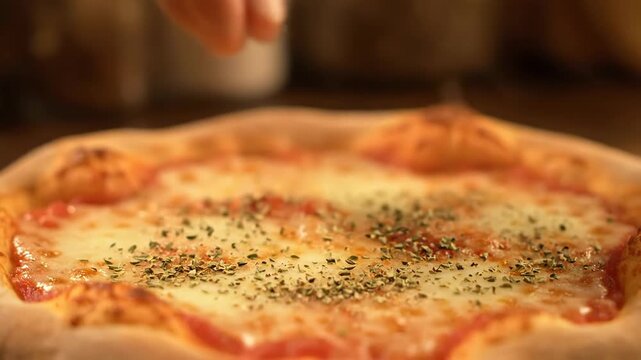 Hand sprinkling fresh oregano herbs on a delicious homemade cheese pizza
